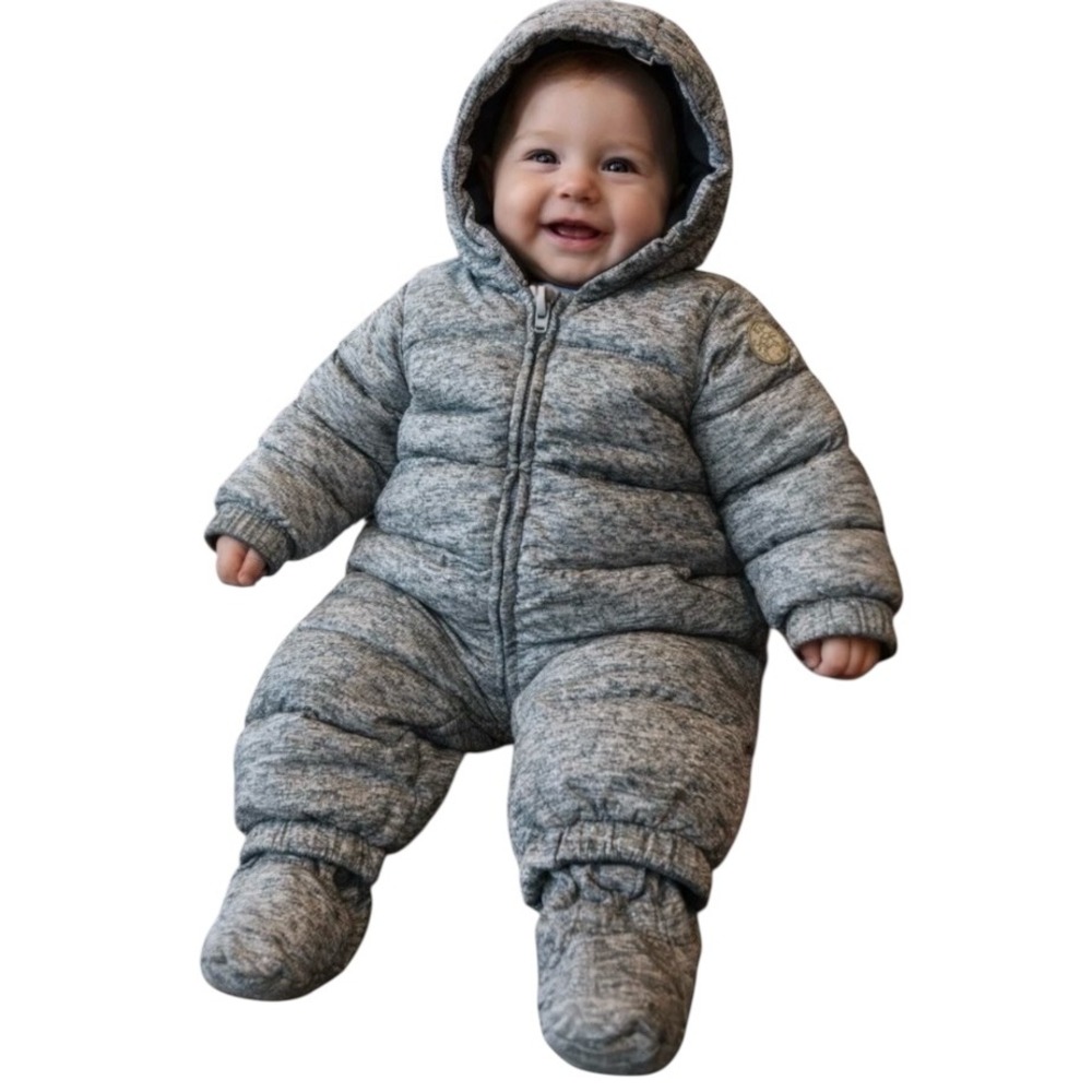 Baby‎ Gap Snowsuit Gray Marled Puffer Full Zip Hooded Bear Ears 18-24 Months